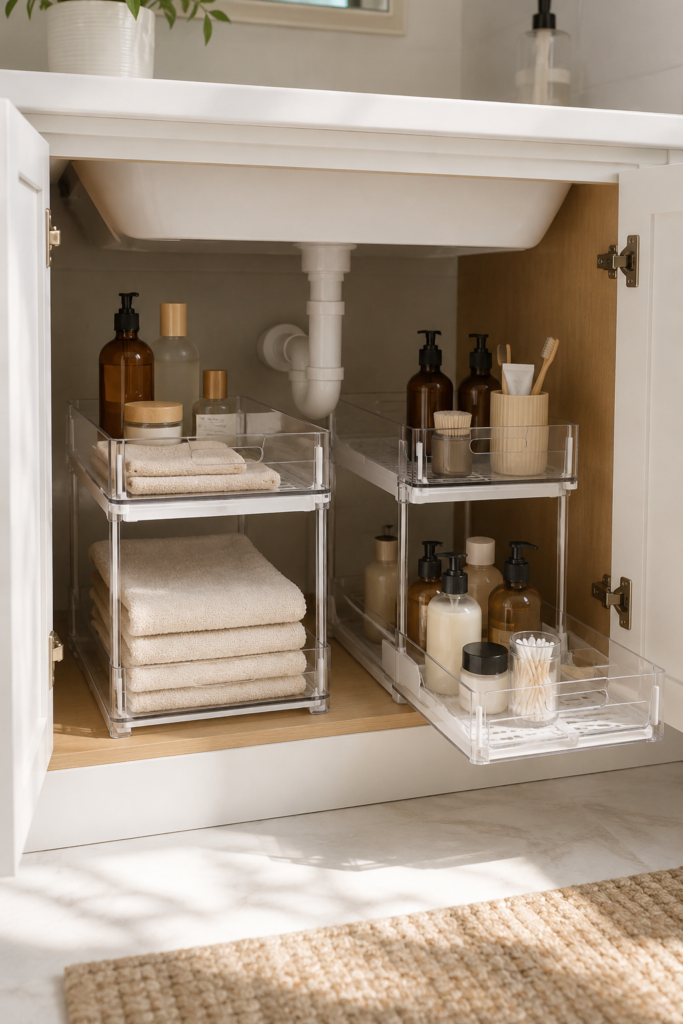 Clear two-tier pull-out organizers arranged under a bathroom sink around the drain pipe