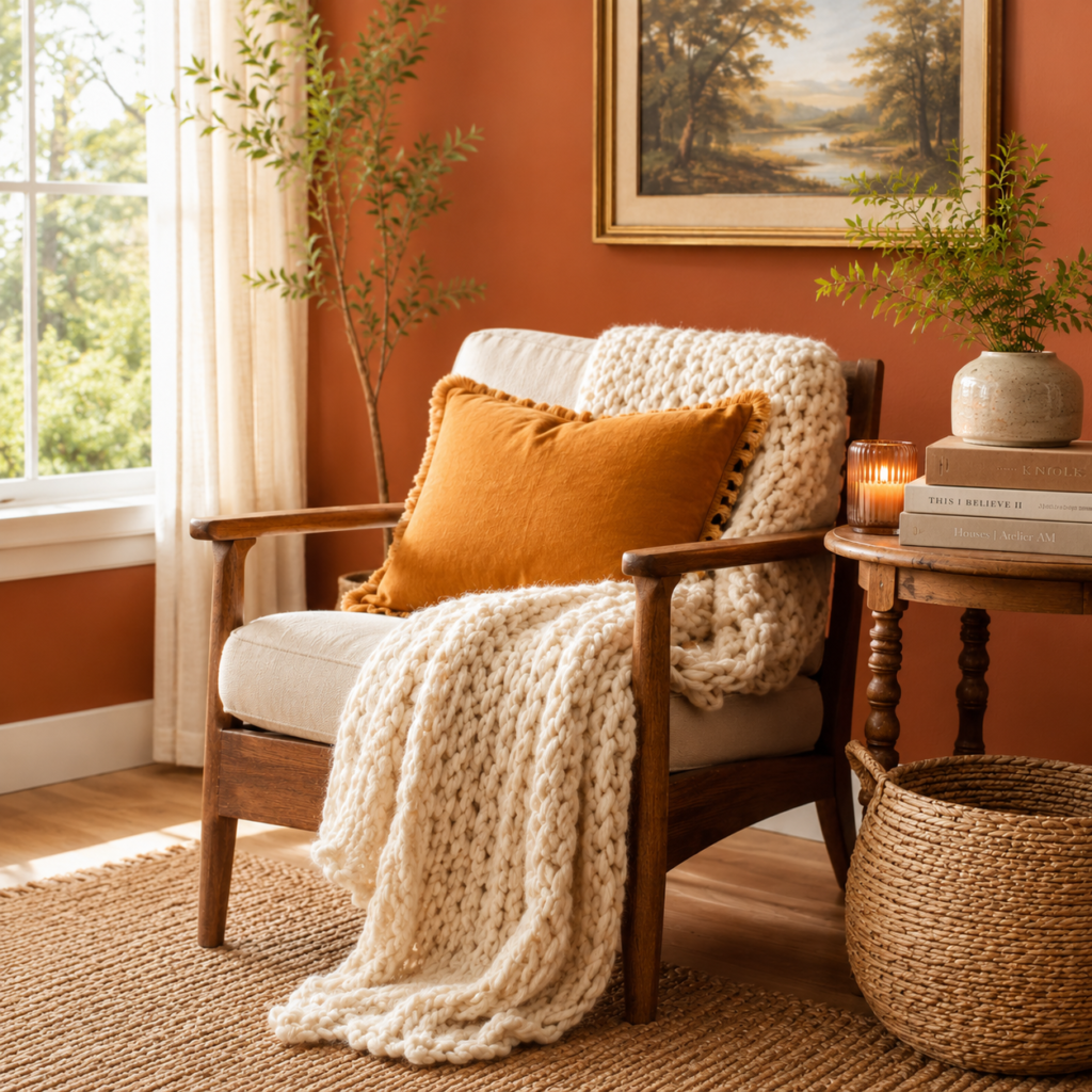 cozy corner with knit throw and books in a clay-toned room