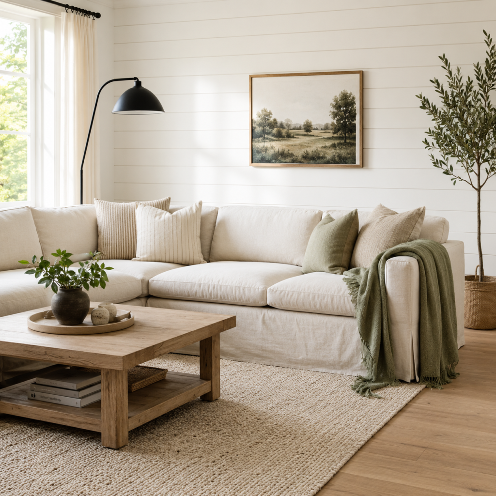 bright living room with linen sectional and sage throw