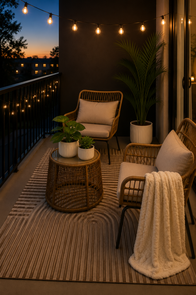 Small balcony at dusk with rattan seating, string lights, and striped rug