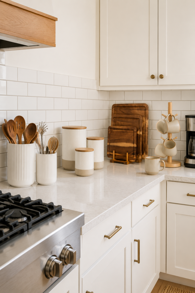 Cream canisters, wooden spoons in crocks, cutting boards, and amber soap dispensers