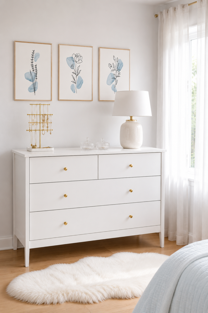 White dresser with framed floral prints, jewelry stand, and faux fur rug