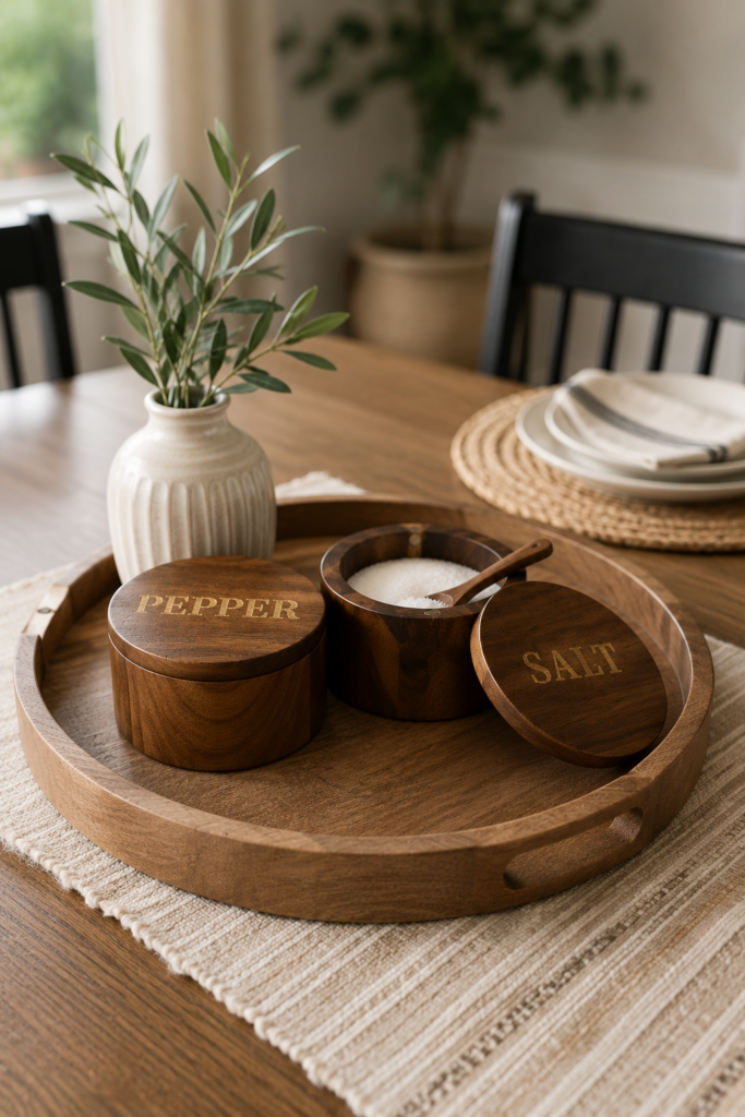 Two round wooden salt and pepper cellars on marble counter