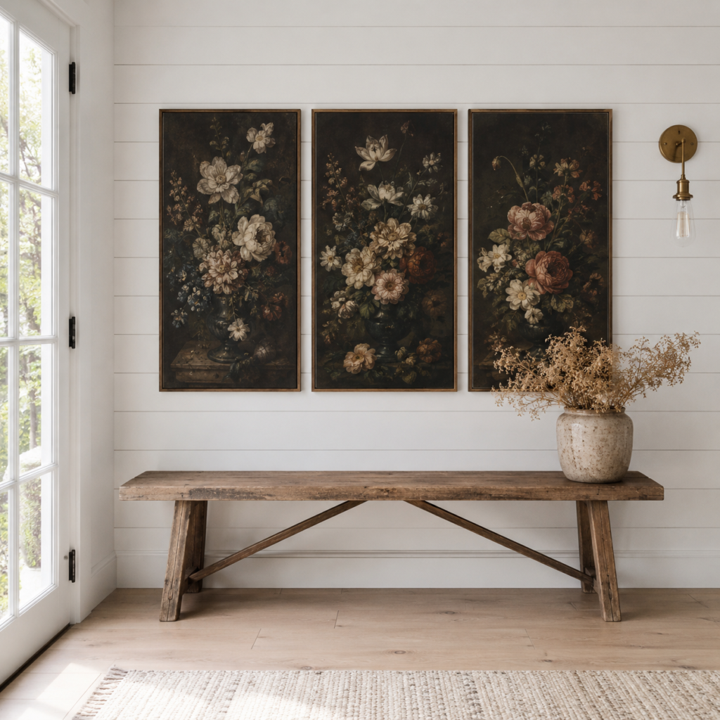 white shiplap wall with dark vintage floral artwork
