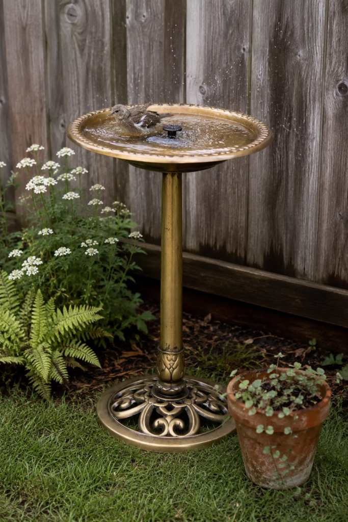 Antique gold pedestal bird bath with solar fountain in garden