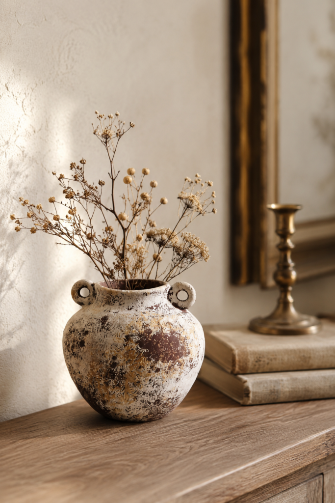 Small antique-style ceramic vase with mottled white and rust finish