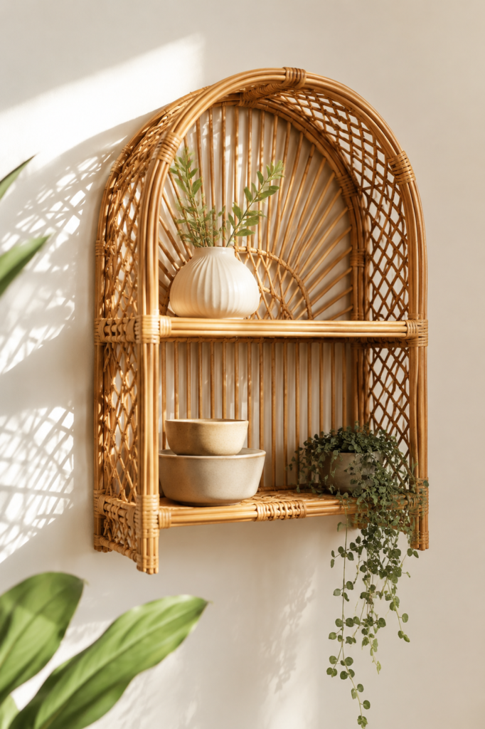 Arched rattan tiered wall shelf with open woven lattice frame