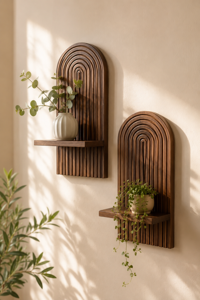 Two arched rainbow wooden floating wall shelves with small plants