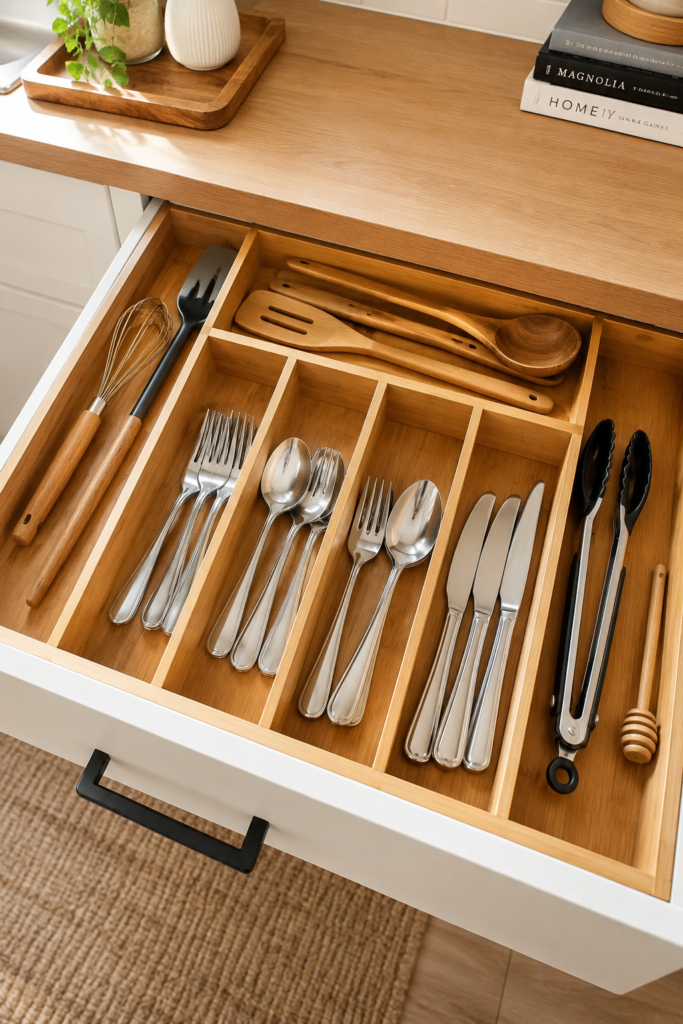 Bamboo expandable drawer organizer holding kitchen utensils