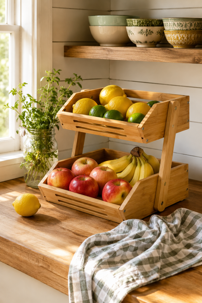 Two-tier bamboo fruit basket with produce on kitchen counter