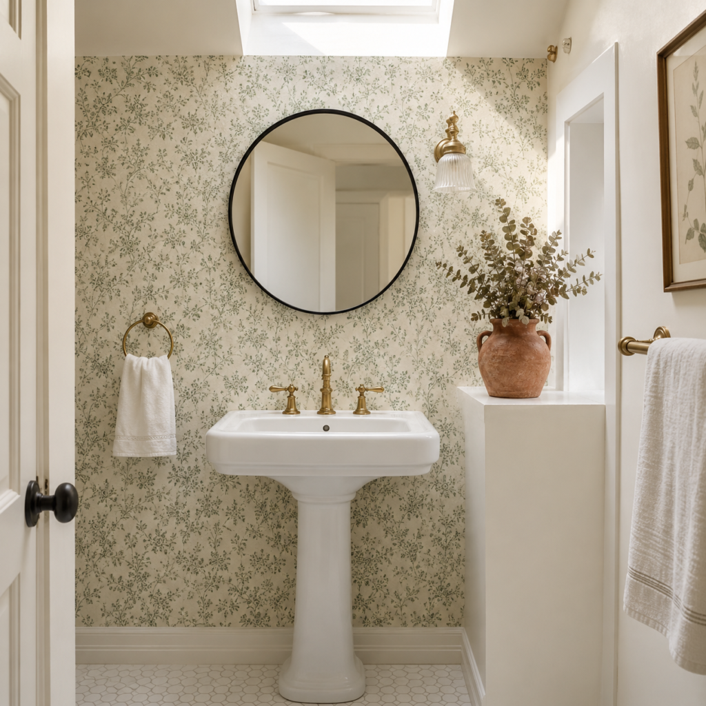 bathroom with sage floral wallpaper and brass fixtures
