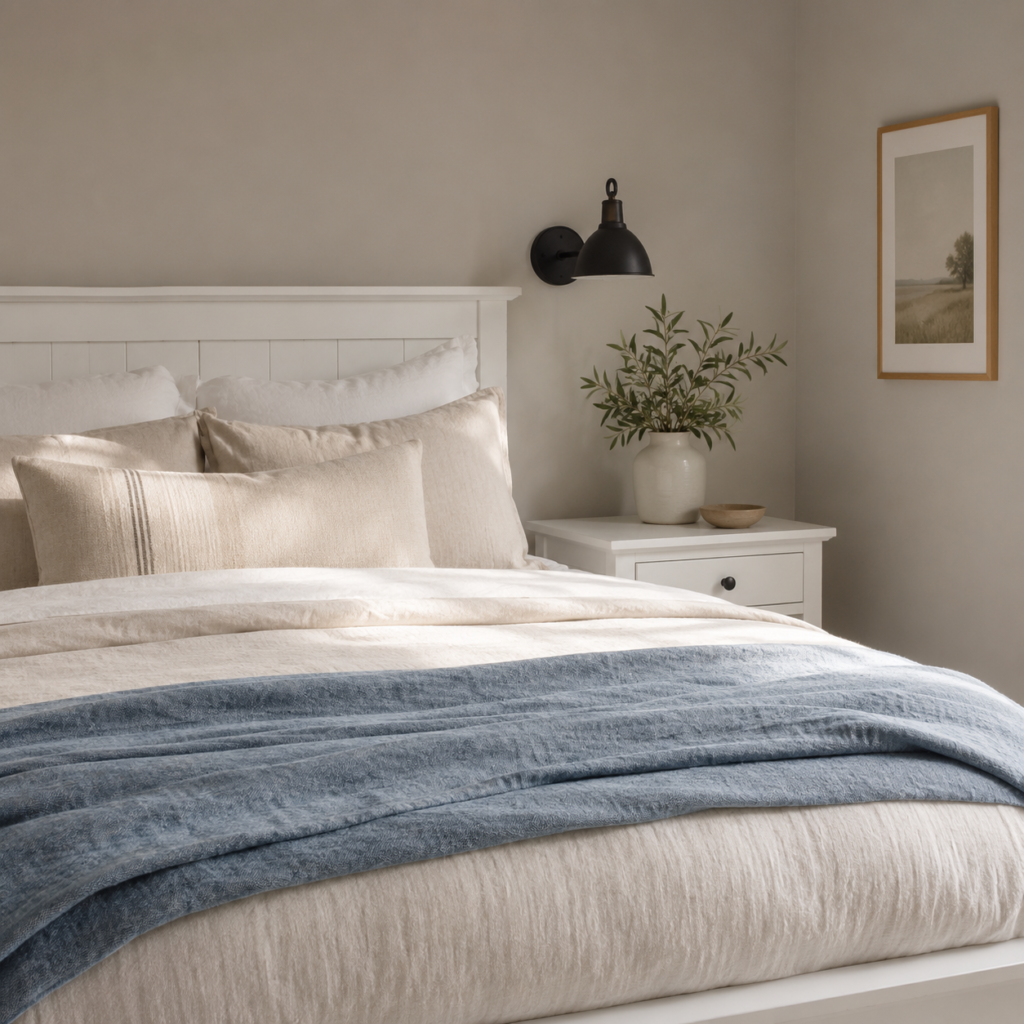 calm bedroom with linen bedding and dusty blue throw