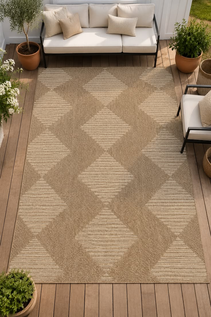 Beige and brown diamond pattern outdoor rug on patio
