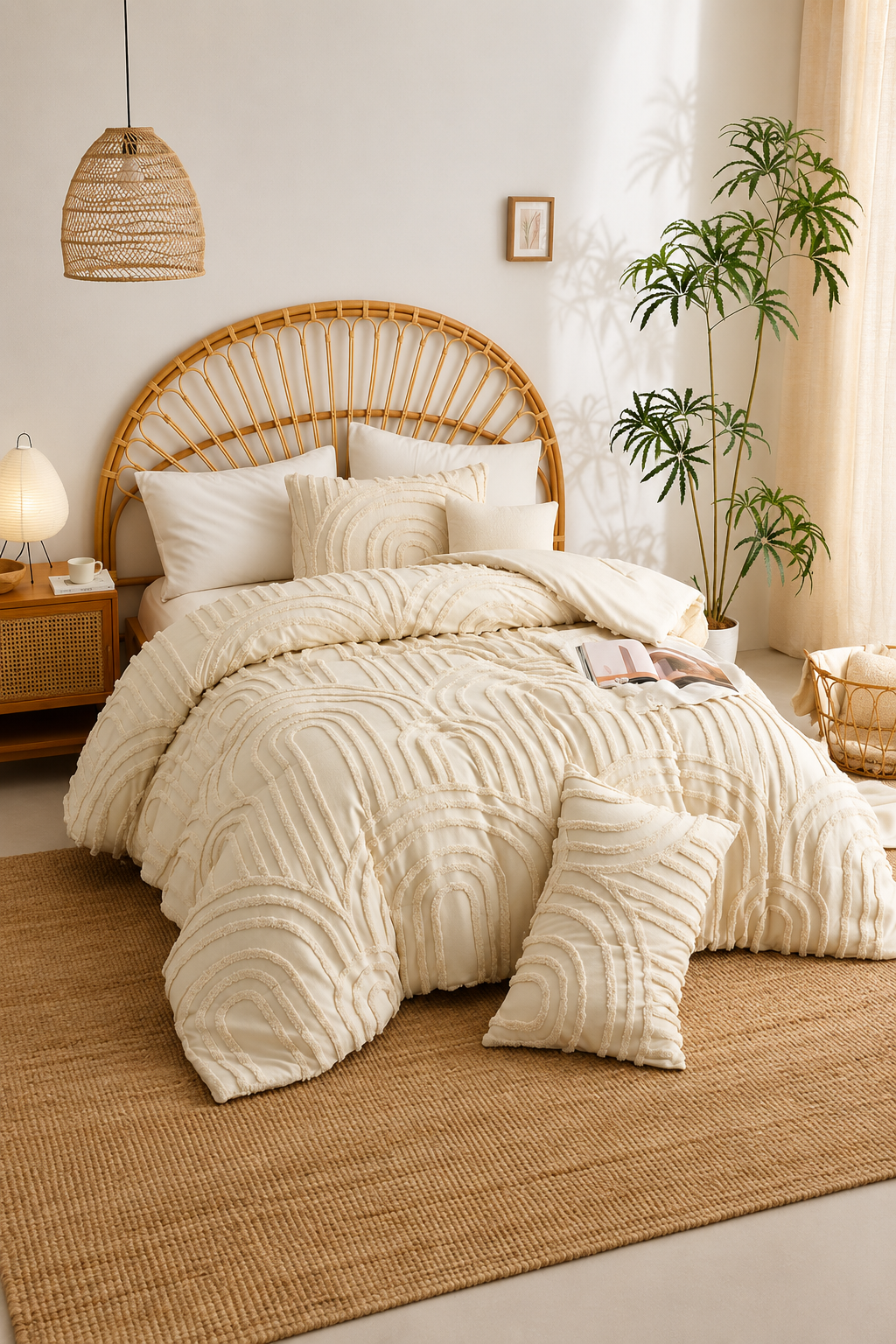 Beige tufted arch pattern duvet cover set on bed