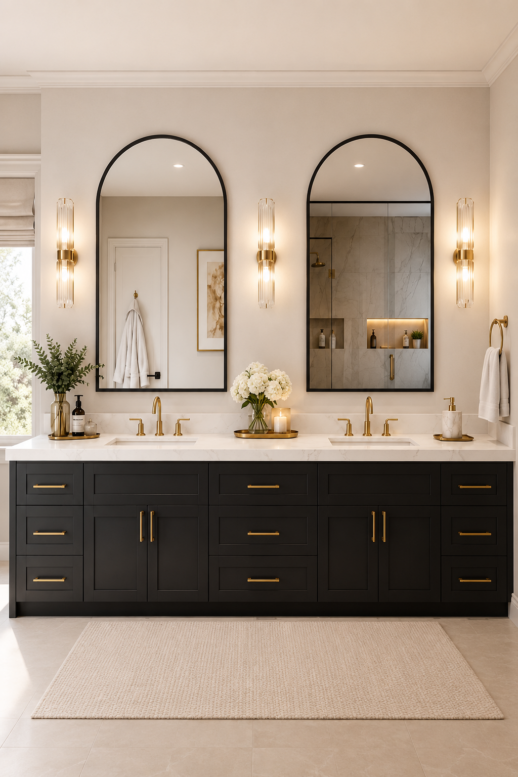 Black arched metal frame mirror mounted on wall
