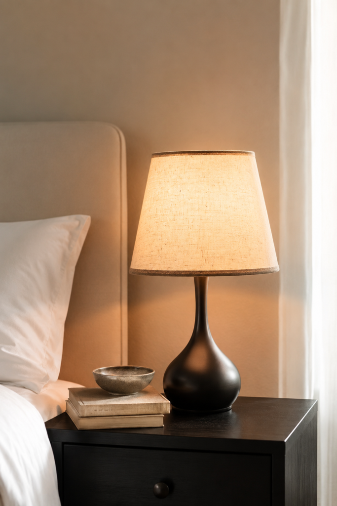 Black bedside lamp with linen shade glowing on a nightstand