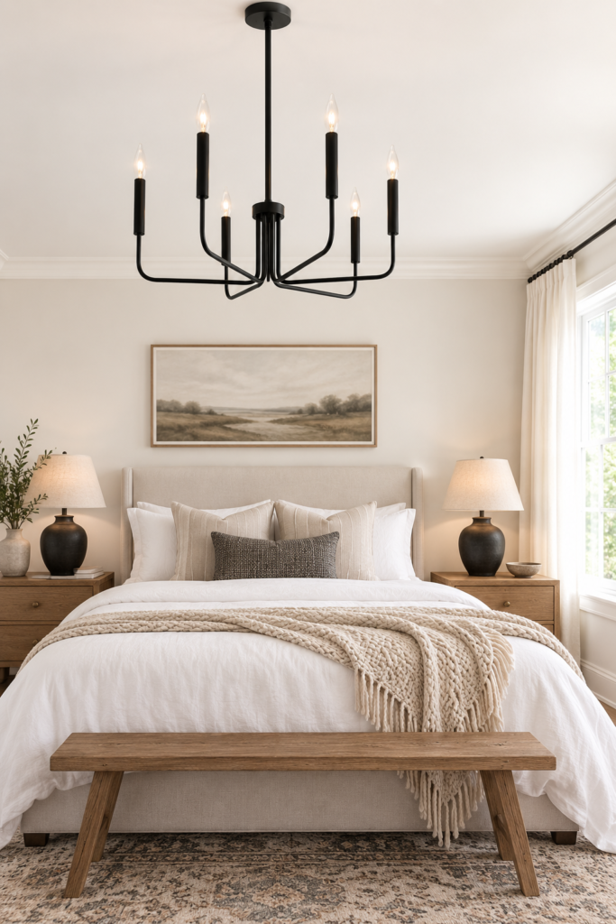Black candle-style chandelier in a bright bedroom