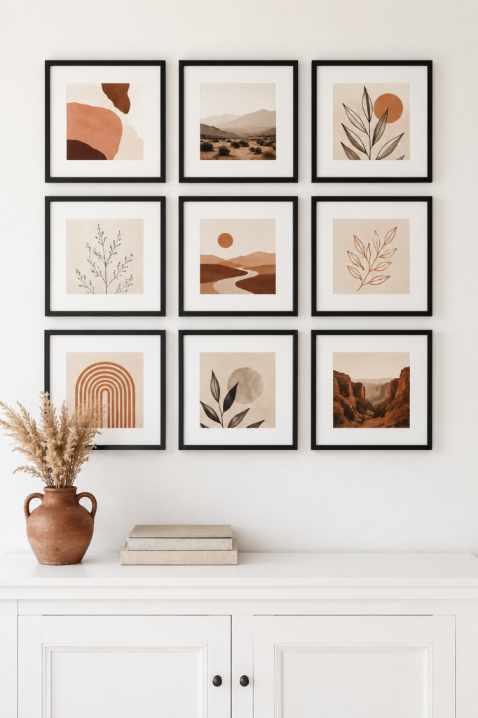 Set of nine square black picture frames arranged in gallery wall grid