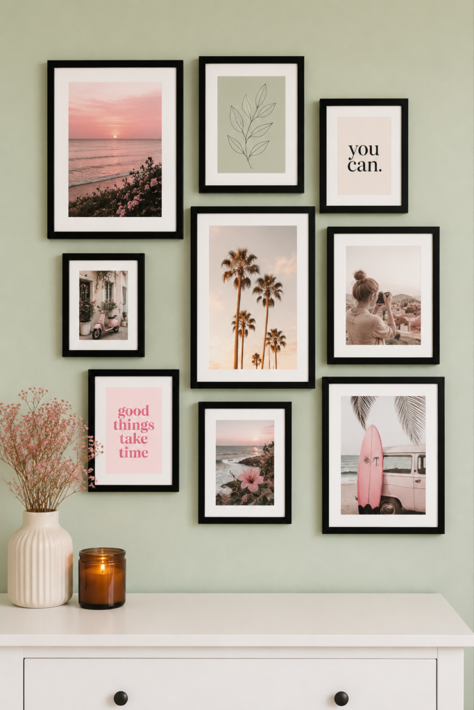 Black picture frames in a staggered gallery wall arrangement