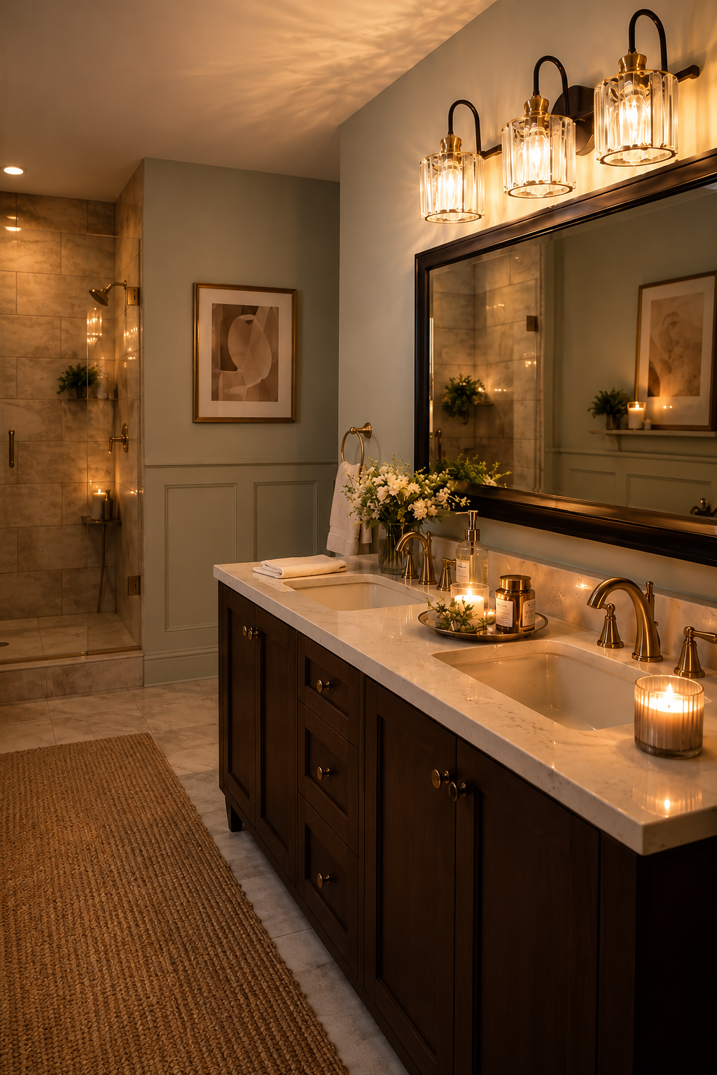 Black and gold three-light crystal vanity fixture