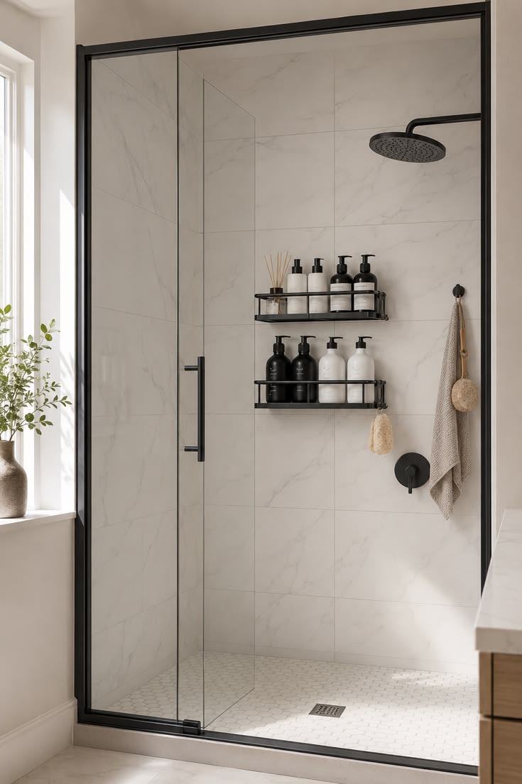 Black metal shower caddy shelves mounted with no drilling