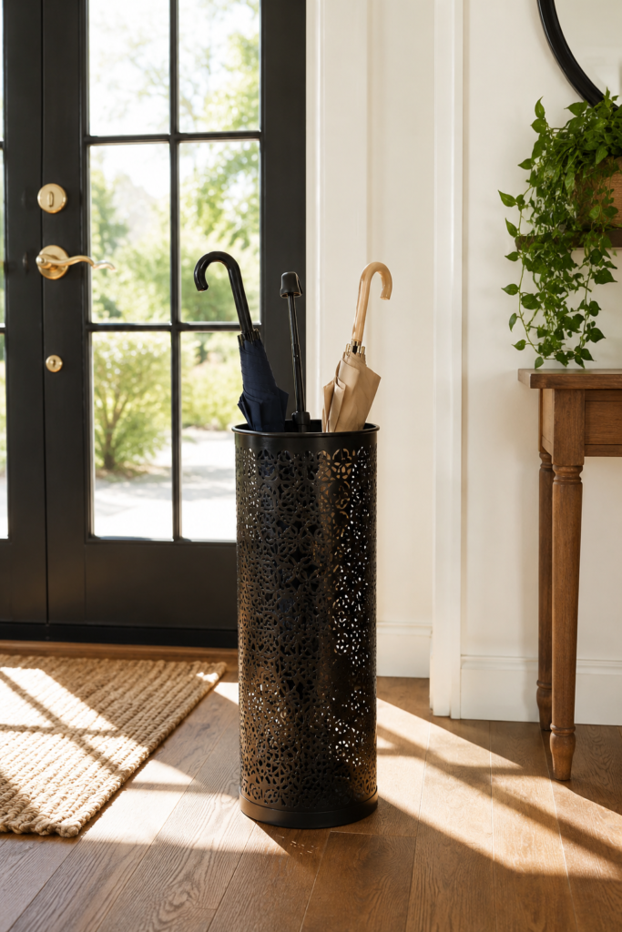 Black metal umbrella stand with floral cutout pattern by door