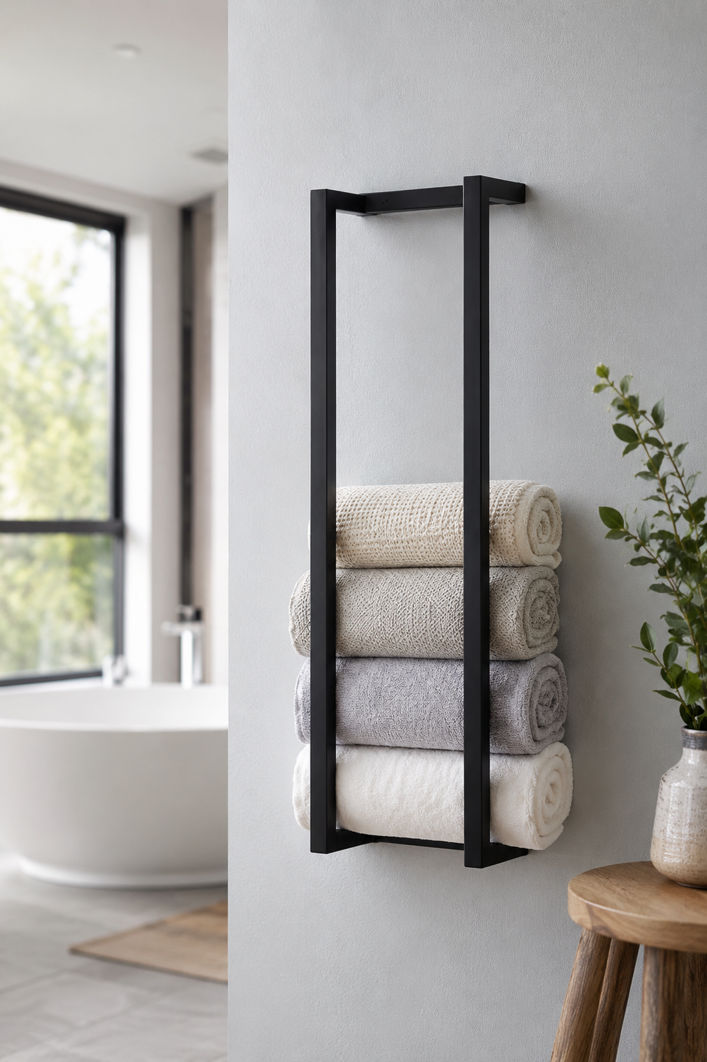 Black wall-mounted towel rack holding rolled towels