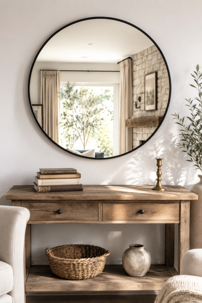 Large round black-framed mirror on white wall above wood console
