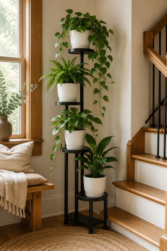 black tiered plant stand in staircase corner nook