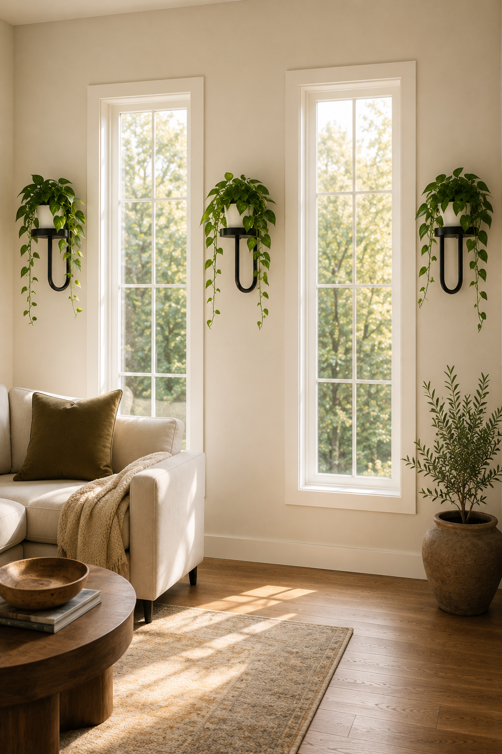 black wall planters flanking bright windows