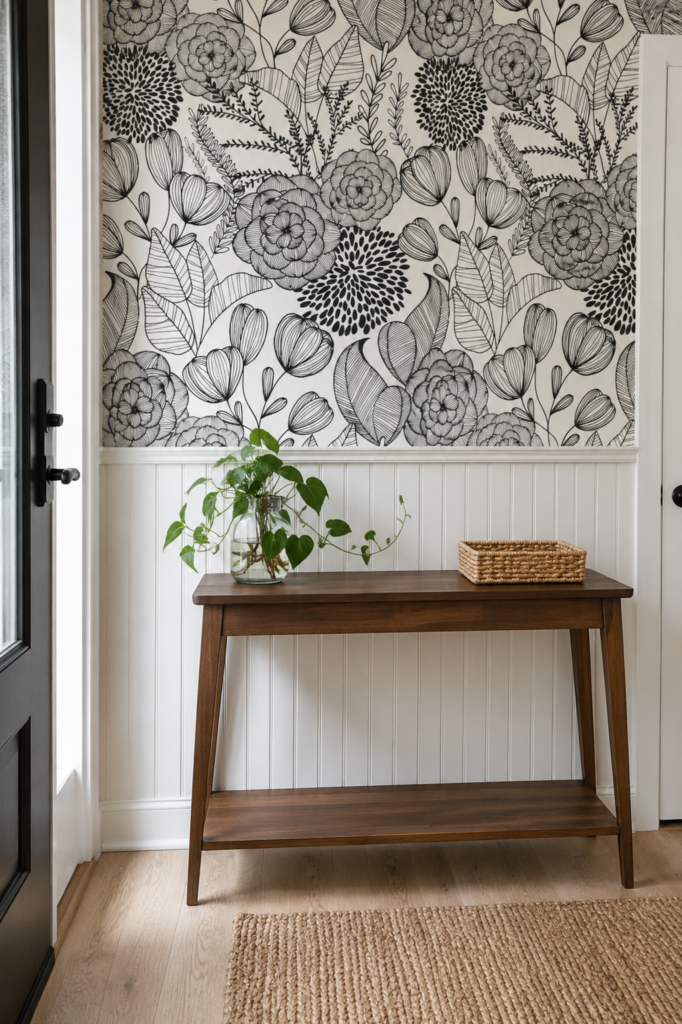 black and white floral wallpaper accent wall with white wainscoting