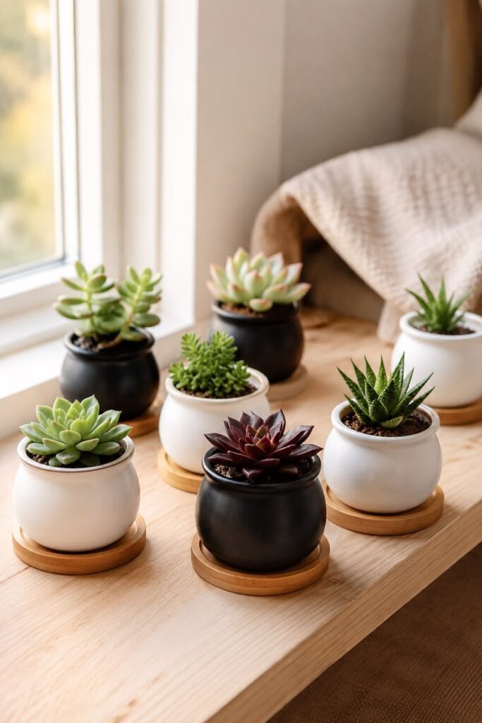 Black and white ceramic mini pots for succulents with bamboo trays