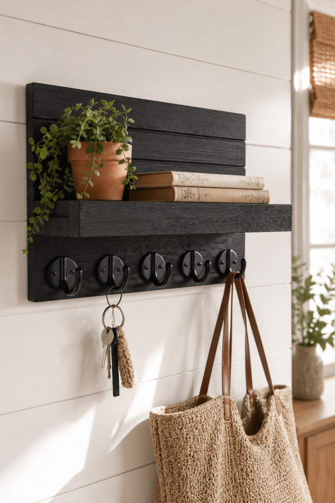 Black wood wall key holder with shelf and five hooks by entryway