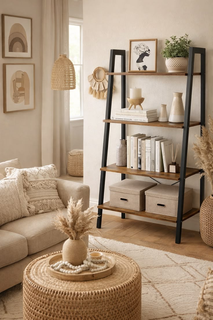 Wood ladder shelf with plants and decor against a light wall