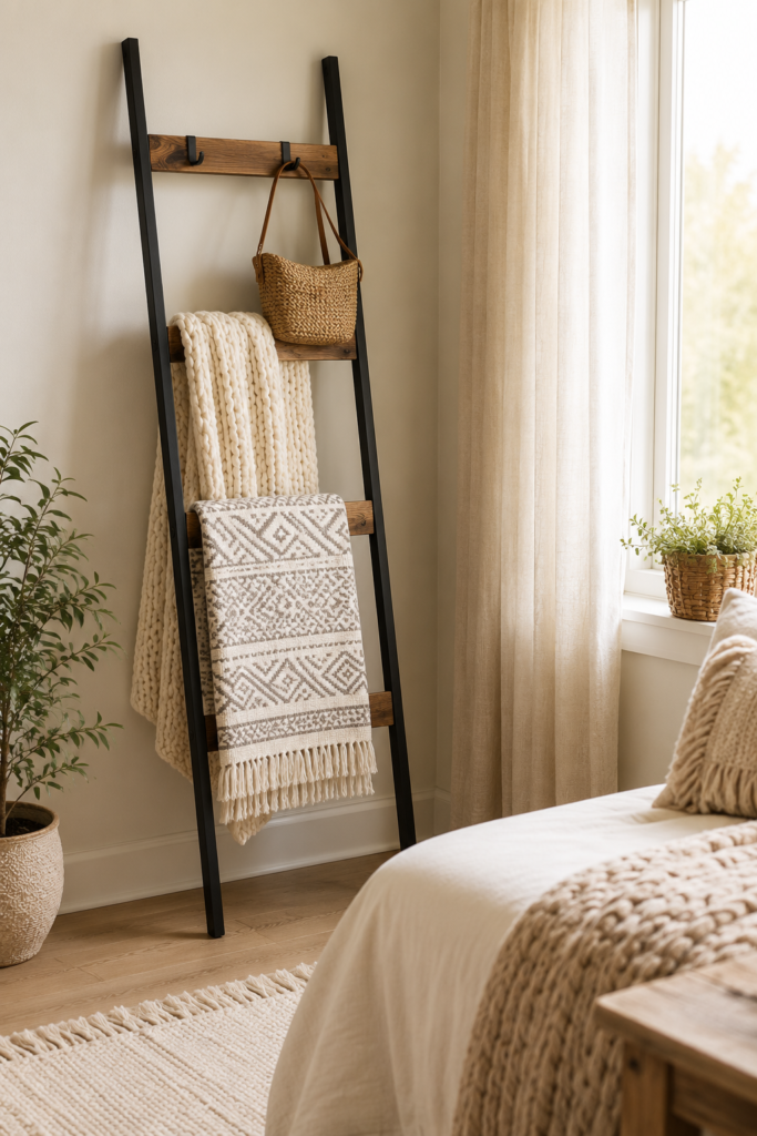 Rustic wood and black metal blanket ladder leaning against a bedroom wall, draped with a chunky knit throw and patterned blanket, with a woven bag hanging from a hook