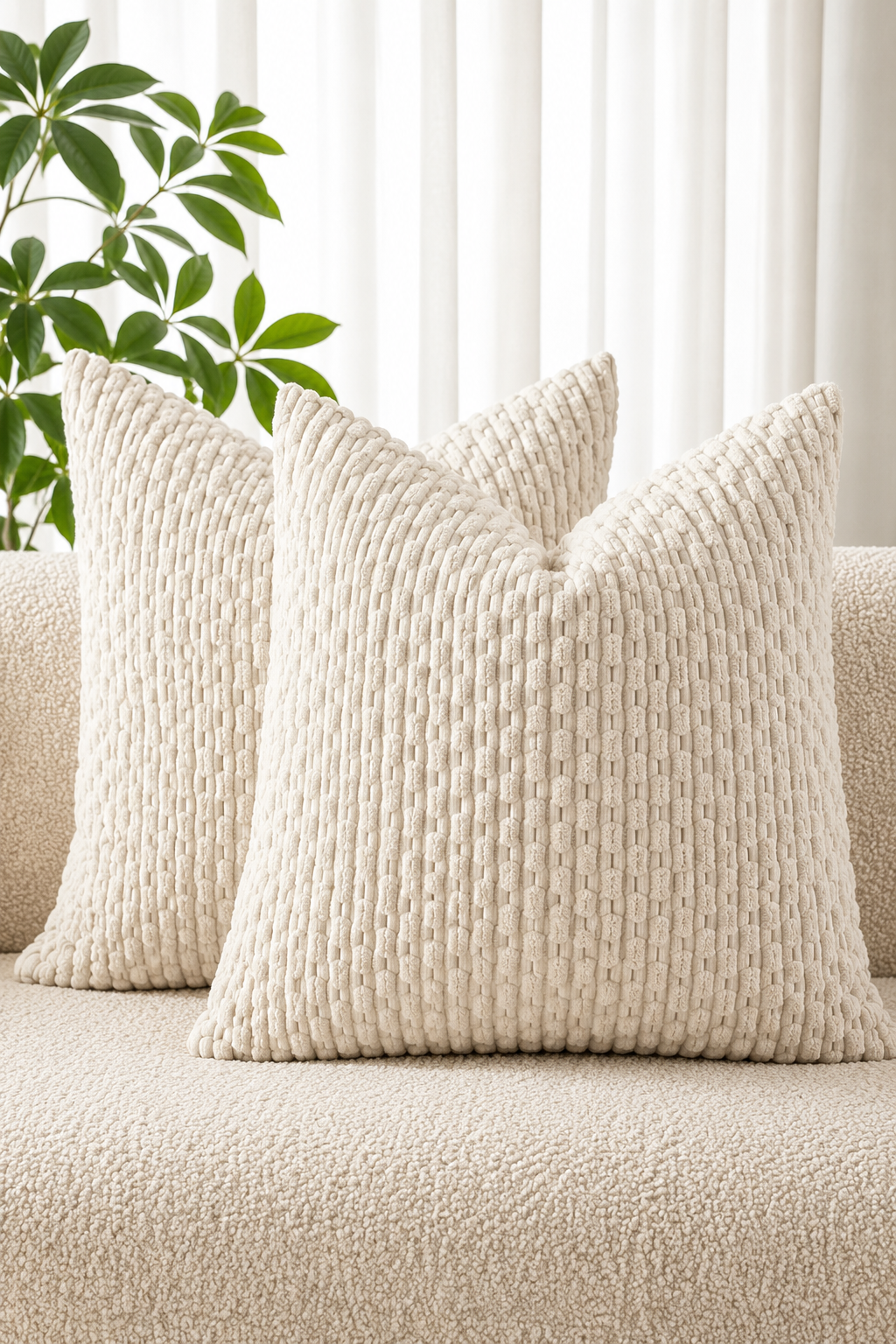 Cream boho corduroy throw pillows on a sofa