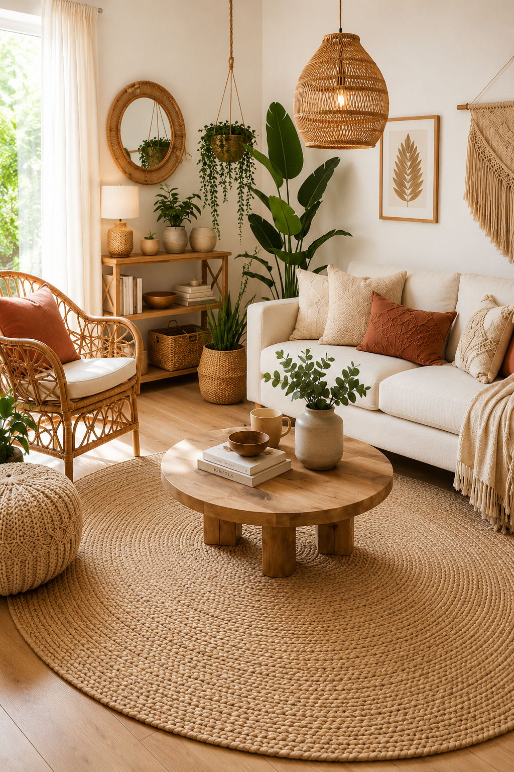 Natural jute area rug with woven texture on a living room floor