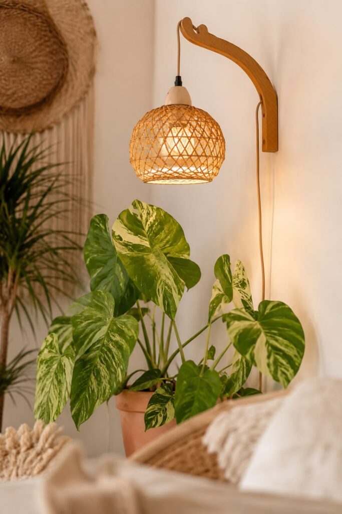Boho rattan pendant grow light hanging over indoor plants