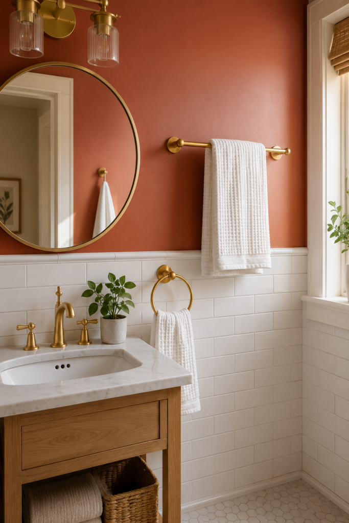Brushed gold towel bar and towel ring mounted above bathroom sink