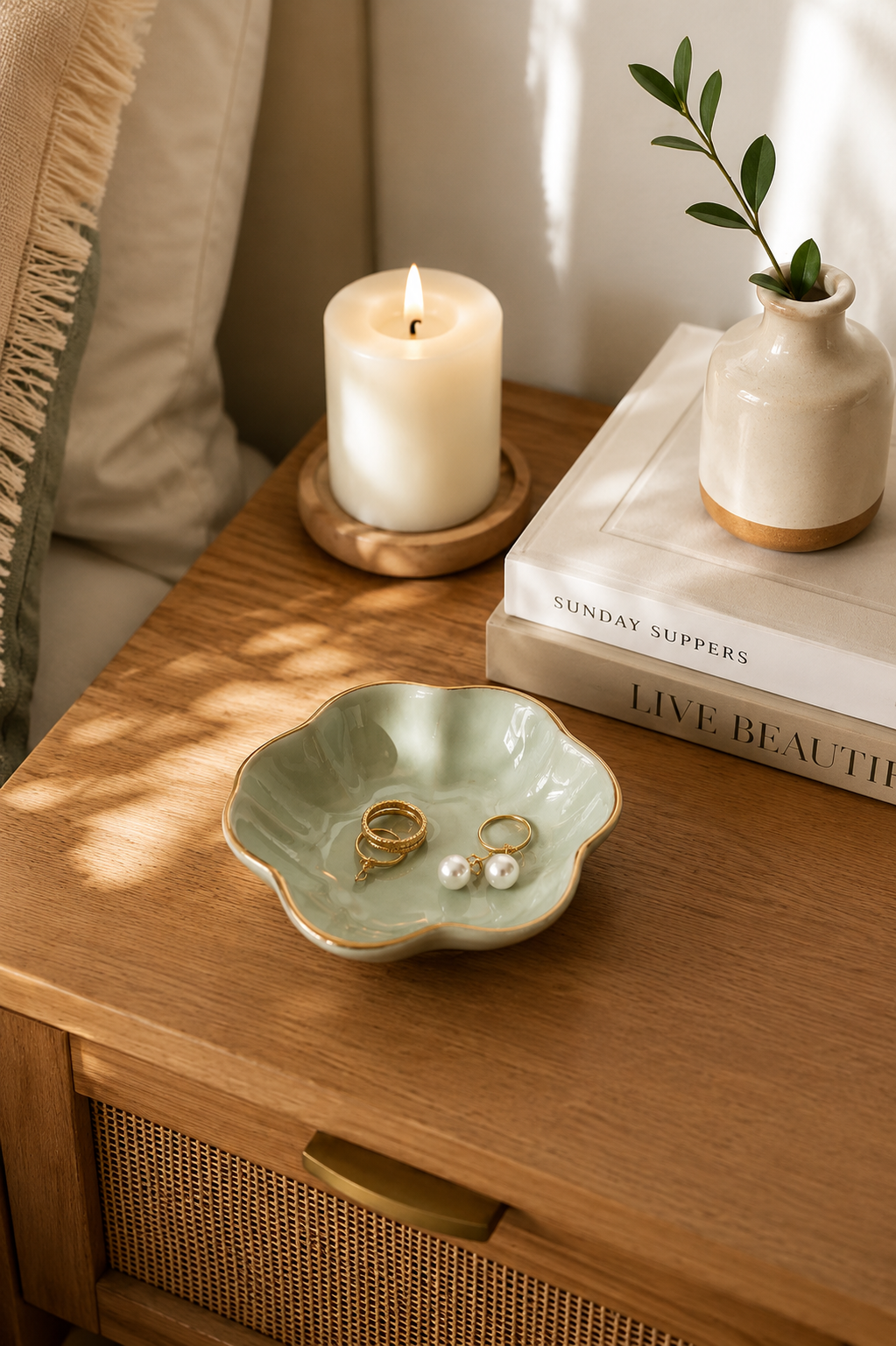  Green ceramic leaf-shaped jewelry catchall dish on nightstand