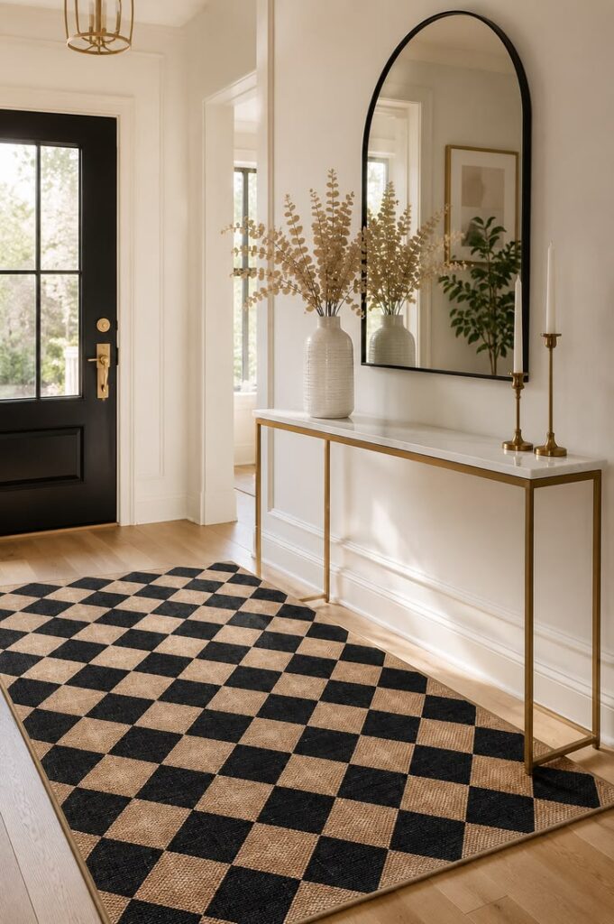 Black and jute checkered rug with arched mirror and brass console in entryway
