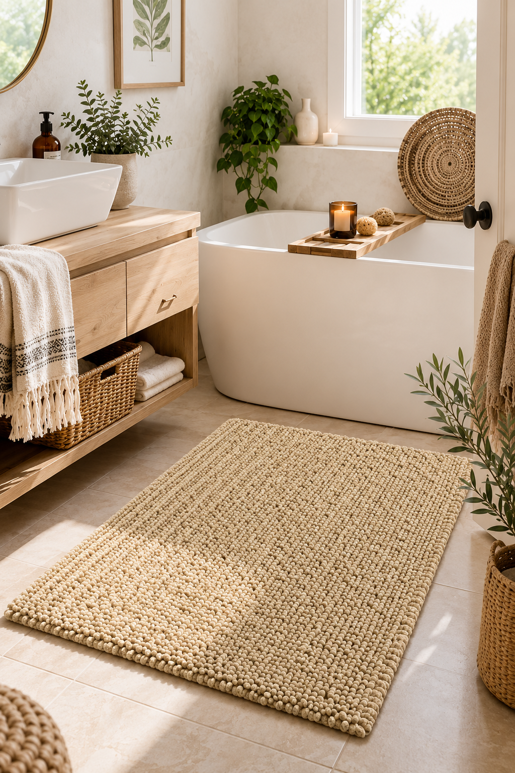 Beige chenille bath mat on bathroom floor