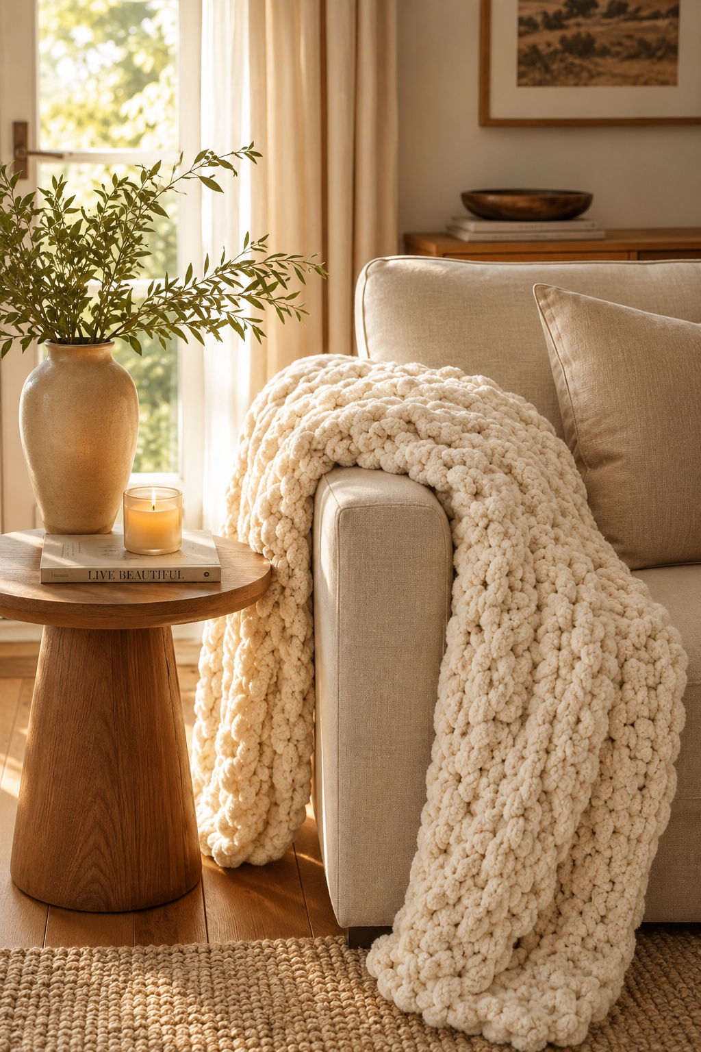 Chunky knit chenille throw blanket draped over chair
