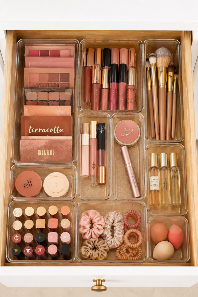 Clear acrylic drawer organizers holding sorted makeup in an open drawer