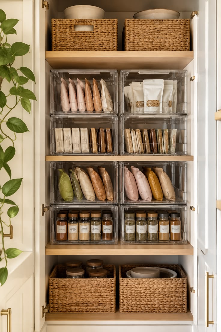 Stackable clear acrylic drawers organizing pantry shelves