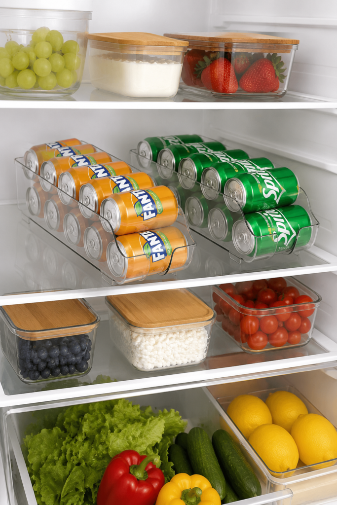 Clear dispenser bins organizing beverage cans inside a refrigerator