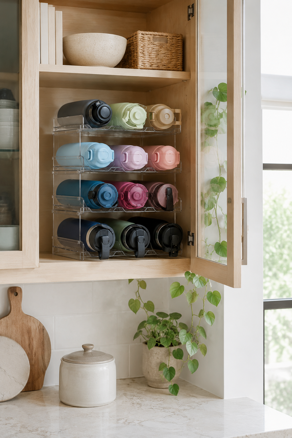 Clear stackable organizer holding reusable water bottles in a kitchen cabinet