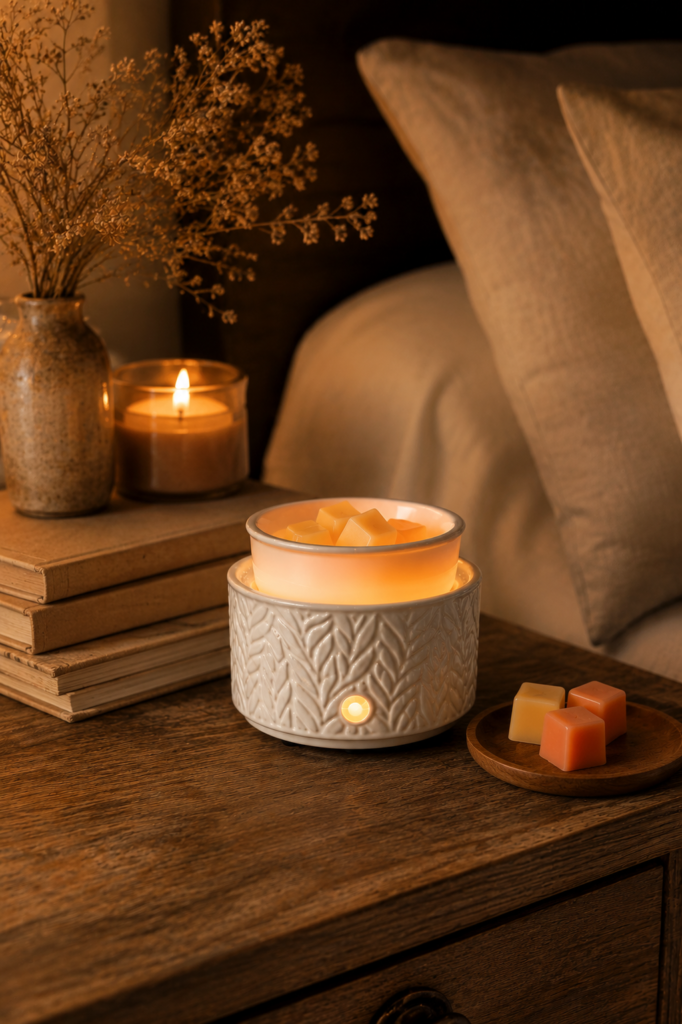 White textured ceramic wax melt warmer glowing on a wood nightstand with wax melt cubes, dried botanicals, and books