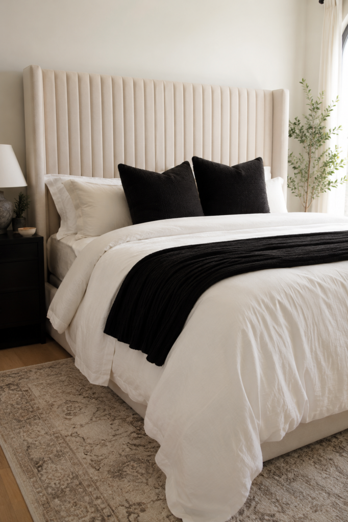 Cream channel-tufted upholstered bed with white and black bedding