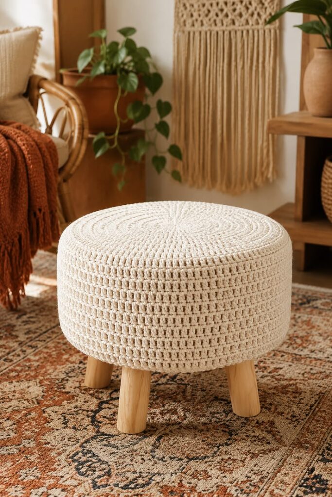 Cream knitted pouf ottoman with wood legs
